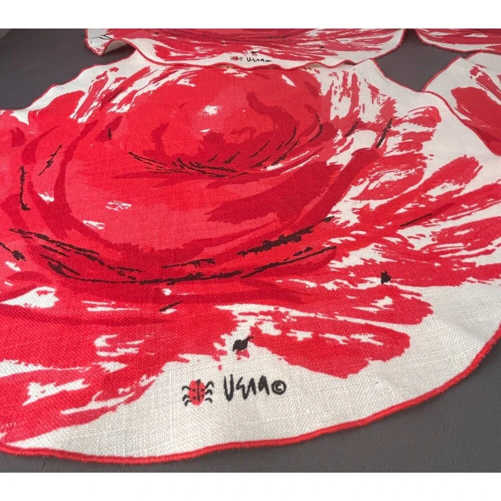 Vintage Vera Neumann Large Red Flower Linen Round Placemat Set of 4